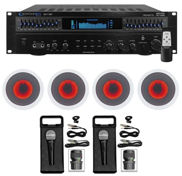 Technical Pro 1500w Home Karaoke Machine System+(4) 6.5" LED Ceiling Speakers