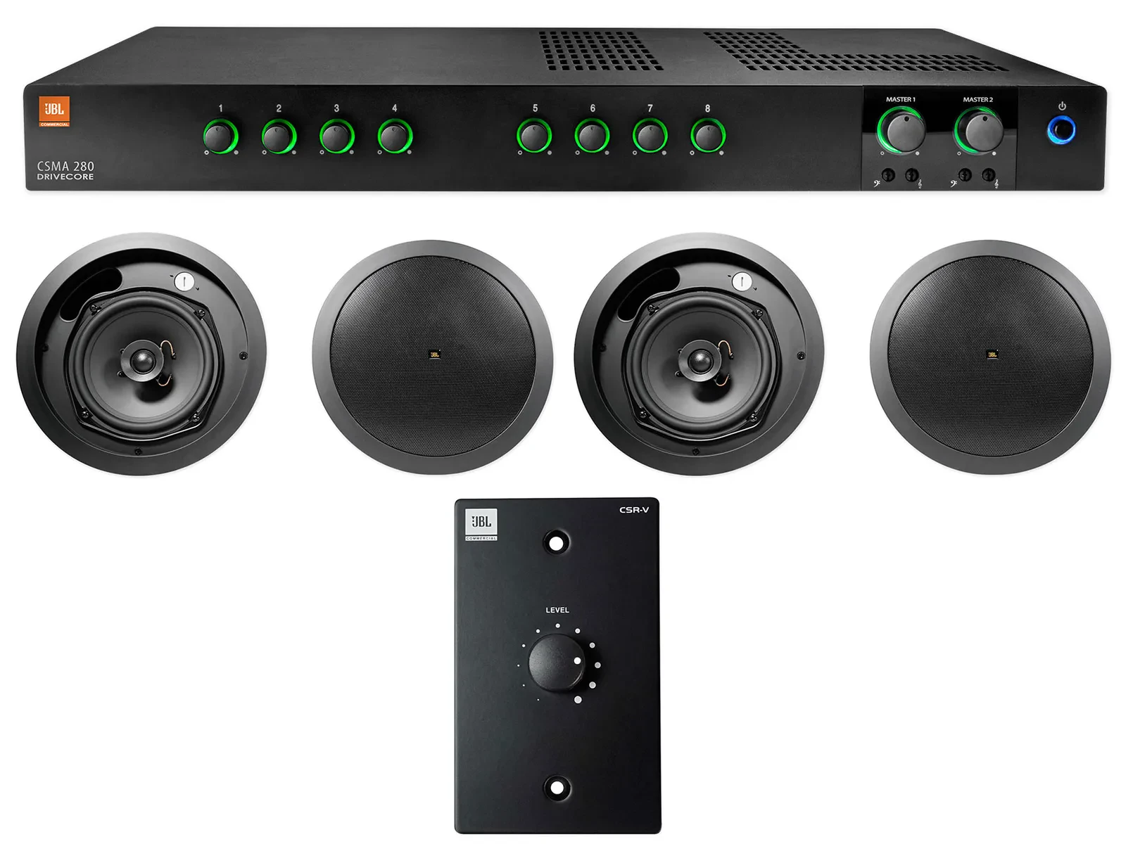 JBL CSMA280 Commercial Amplifier+4) 6.5" Black Ceiling Speakers+Wall Controller