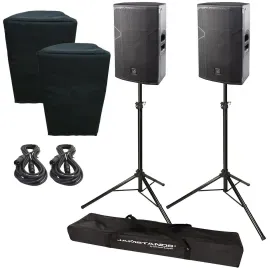 (2) DAS Vantec 15A 15” Two-Way Powered Speakers with Stands and Covers