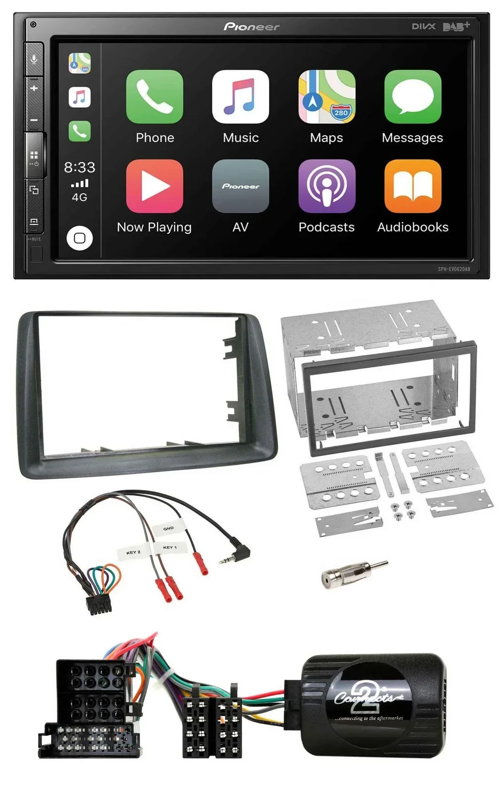 Pioneer USB Lenkrad DAB 2DIN Bluetooth Autoradio für Fiat Panda 2004-2007 grau