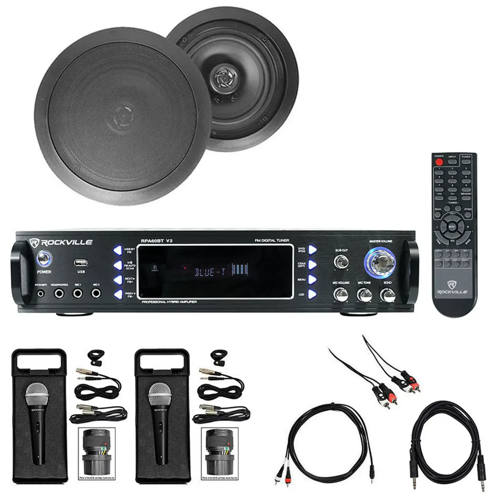 Караоке-система Rockville RPA60BT+HC655 Black KAR 1000W, Bluetooth, (2) черные потолочные колонки, (2) микрофона (набор)