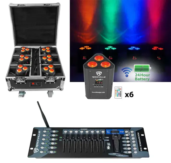 Rockville ROCKWEDGE PACKAGE BLACK 6) Battery Lights+Case+Wireless DMX Controller