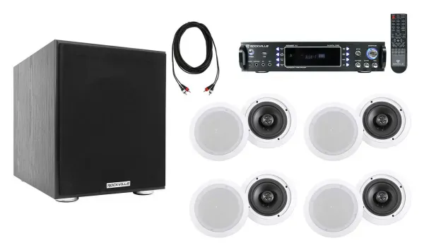 Rockville 1000w Amplifier+(8) 6.5" White Ceiling Speakers+Sub For Restaurant/Bar