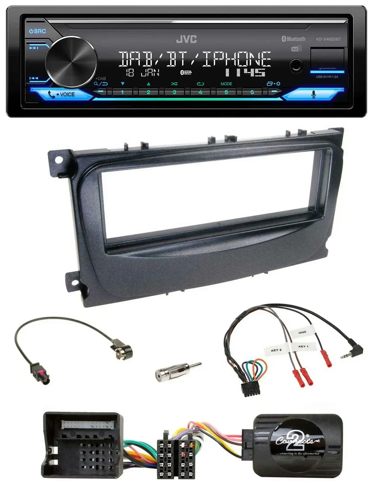 Автомагнитола JVC Bluetooth, DAB, USB, поддержка кнопок на руле, для Ford S-Max/Mondeo 2007–2014, черная