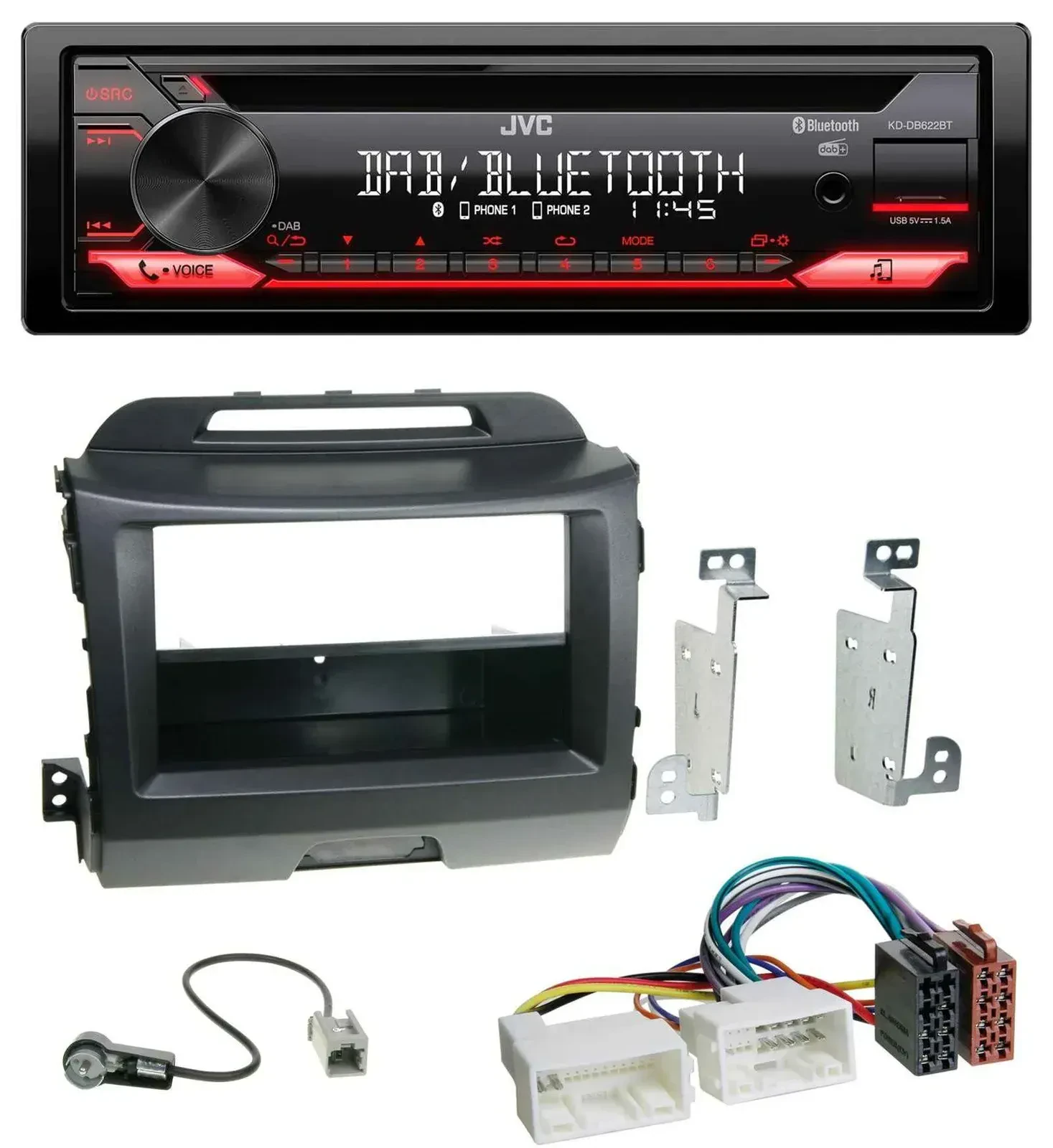 Автомагнитола для Kia Sportage (2010–2015) JVC CD DAB USB Bluetooth MP3 черный