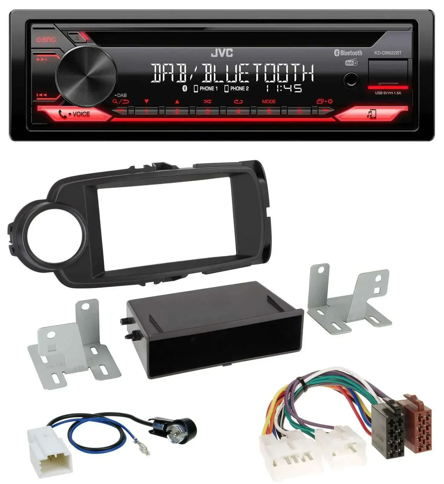 Автомагнитола для Toyota Yaris (2011–2014) JVC CD DAB USB Bluetooth MP3, черный