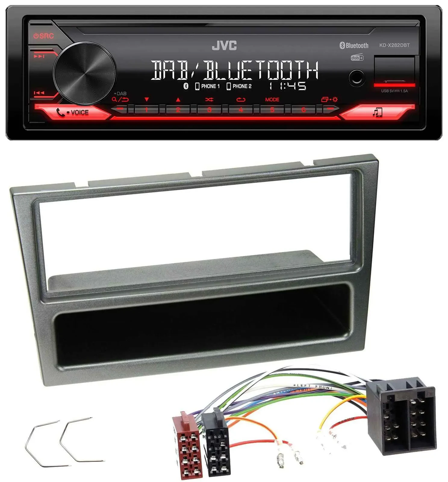 JVC Bluetooth USB DAB MP3 Autoradio für Opel Corsa C ISO 2000-2004 aluminium