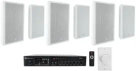 Rockville Commercial Restaurant Amp+(6) White Slim Wall Speakers+Wall Controller