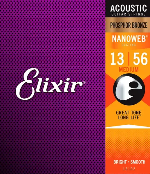 Струны для акустической гитары Elixir Nanoweb 16102 13-56, бронза фосфорная