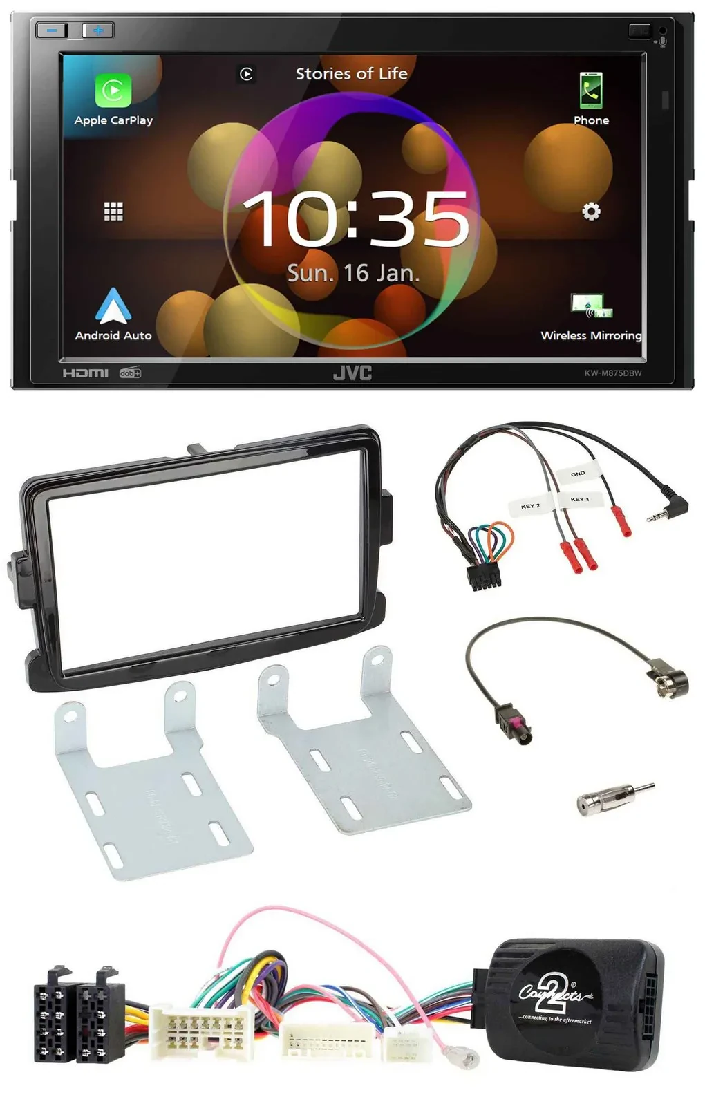 JVC DAB Lenkrad 2DIN Bluetooth USB Autoradio für Dacia ab 2012 piano schwarz