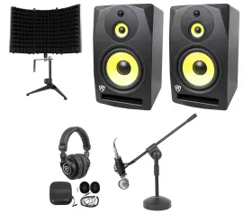 (2) Rockville DPM10B 10" 800w Active Studio Monitors+Headphones+Mic+Shield+Boom