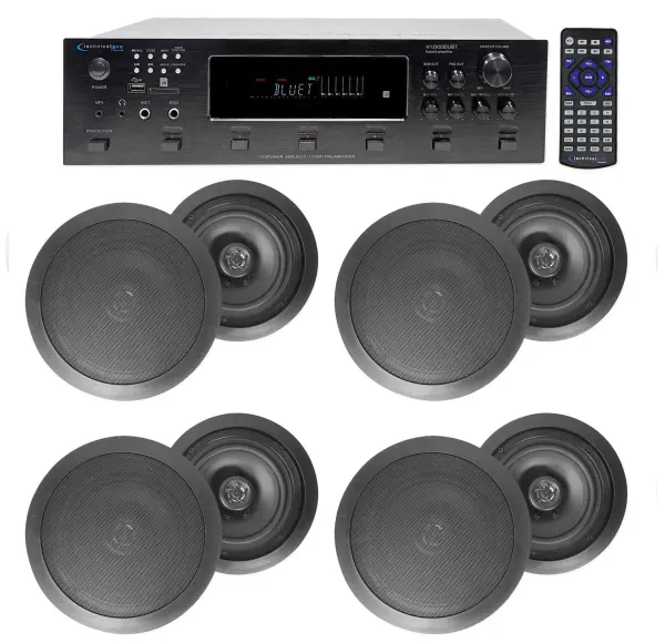 6000w (6) Zone, Home Theater Bluetooth Receiver+(8) Black 8" Ceiling Speakers