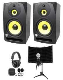 (2) Rockville DPM10B 10" 800w Active 3-Way Studio Monitors+Headphones+Mic+Shield