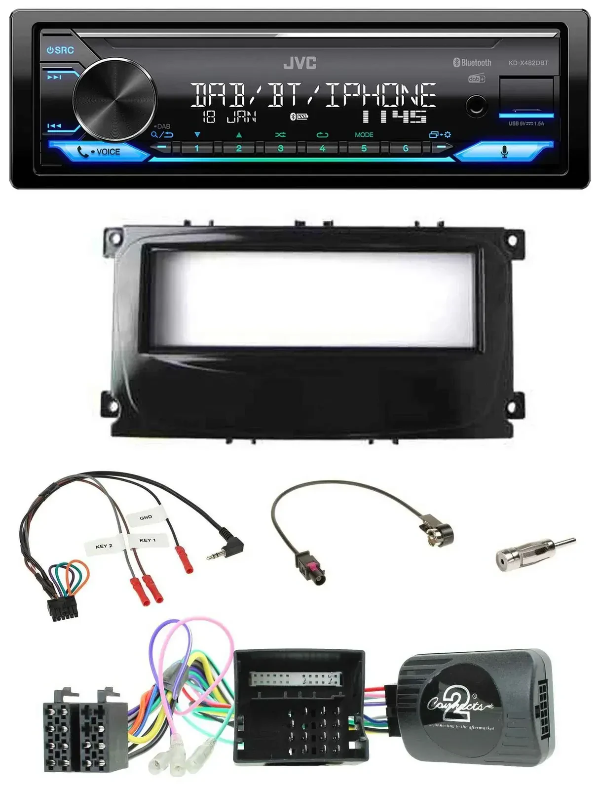 Автомагнитола JVC Bluetooth DAB USB для Ford Mondeo/S-Max (2007–2014), поддержка CAN-Bus, управление с руля