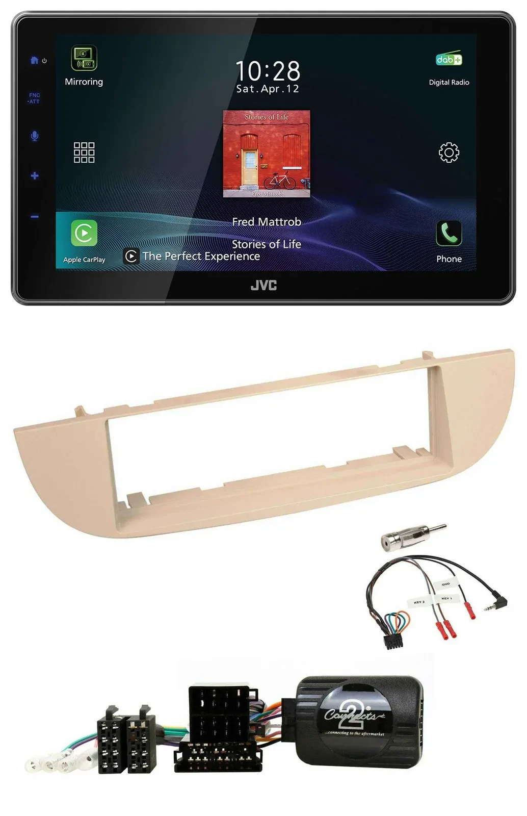 JVC DAB Lenkrad Bluetooth USB Autoradio für Fiat 500 ab 2007 perlgrau beige