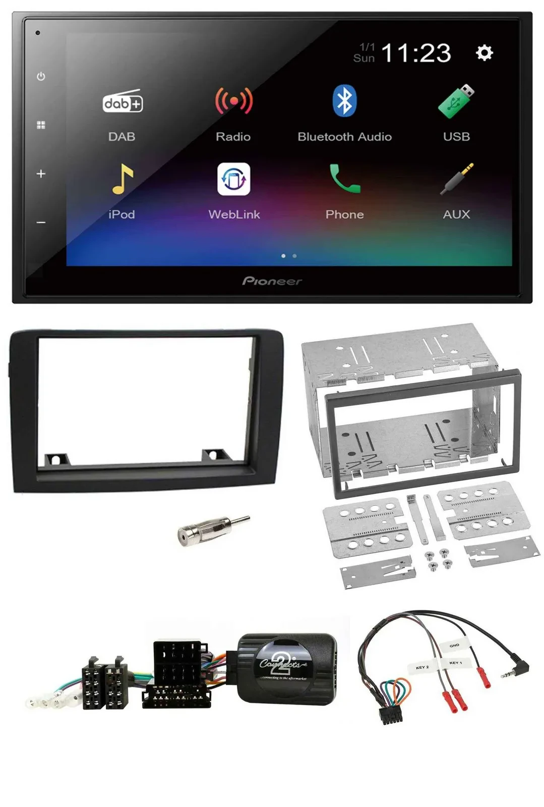 Автомагнитола Pioneer 2DIN USB Bluetooth DAB для Fiat Idea (2006–2012), чёрная, с поддержкой управления на руле