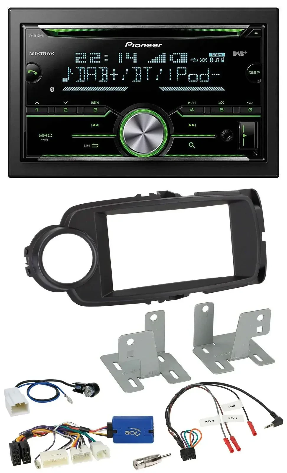 Автомагнитола для Toyota Yaris (с 2014) Pioneer 2DIN, DAB, CD, Bluetooth, USB, черная, поддержка кнопок на руле