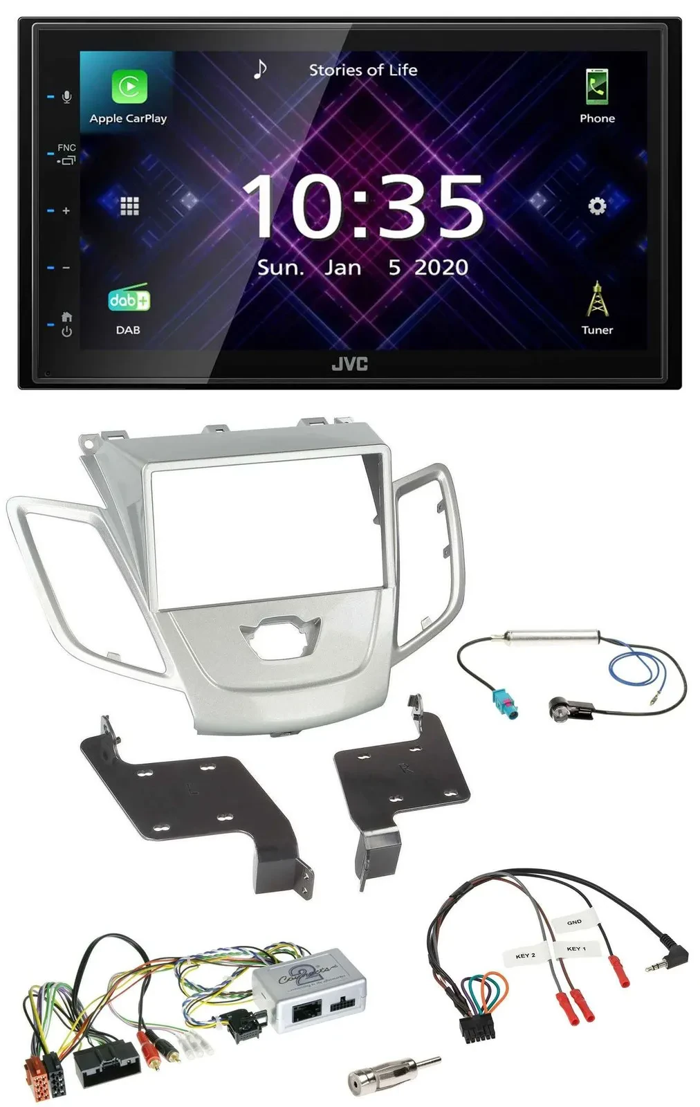 JVC DAB 2DIN Lenkrad Bluetooth USB Autoradio für Ford Fiesta 2010-2017 silber