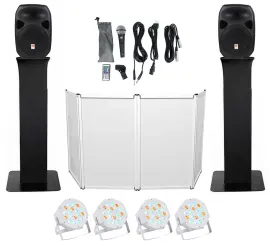 DJ Package w/Dual 12" Bluetooth Speakers+Mic+Tripod+Totem Stands+Facade+Lights