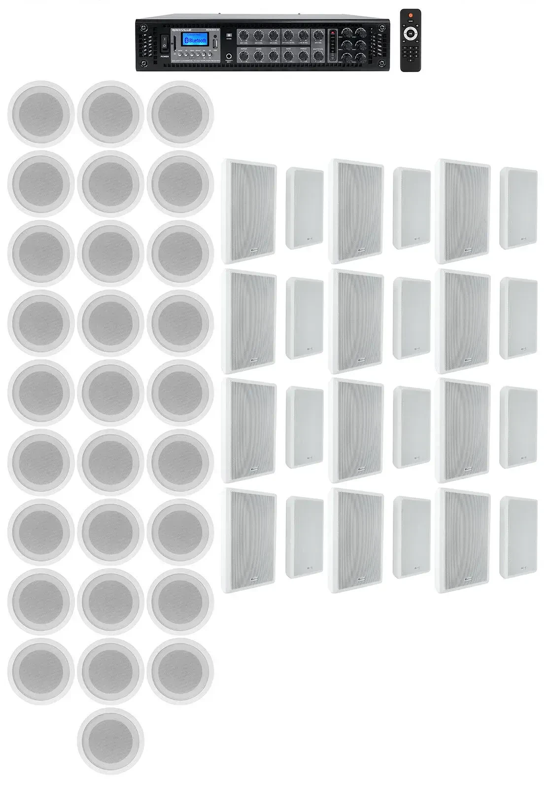 Трансляционный усилитель Rockville RCS350-6+7) CCL5T WHITE+12 Rock Slim 70W с комплектом акустики