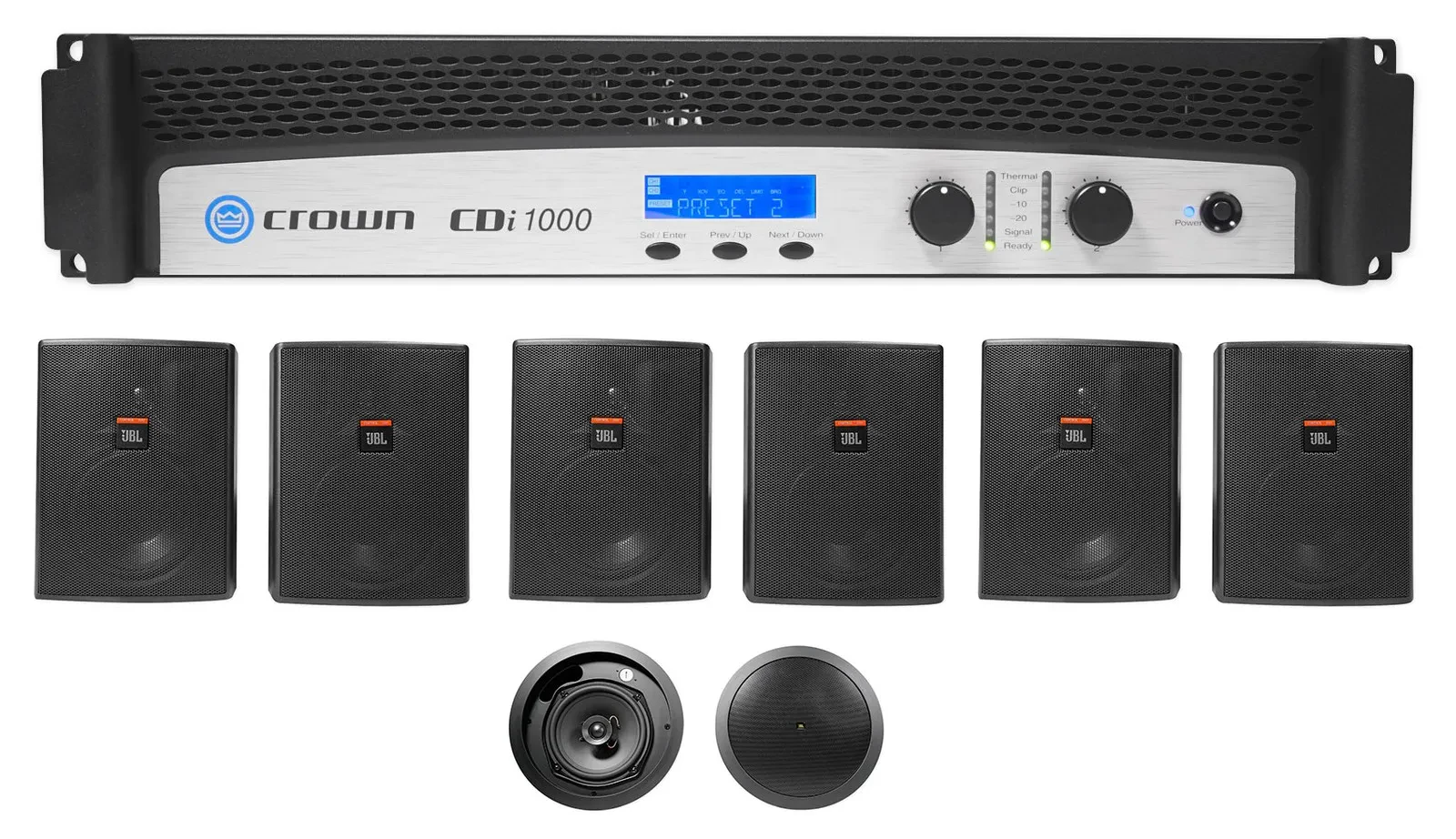 Crown CDi1000 2-Ch 500w 70V Commercial Amplifier+6) JBL Wall+2) Ceiling Speakers