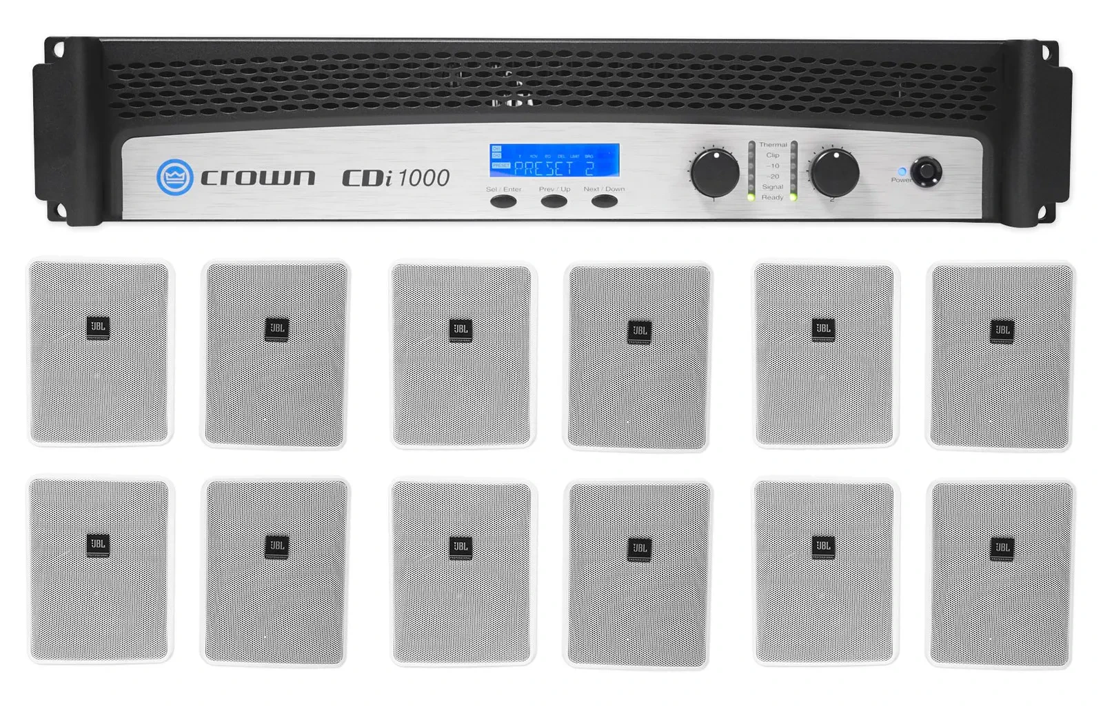 Crown CDi1000 2-Ch 500w 70V Commercial Amplifier+(12) JBL White Wall Speakers