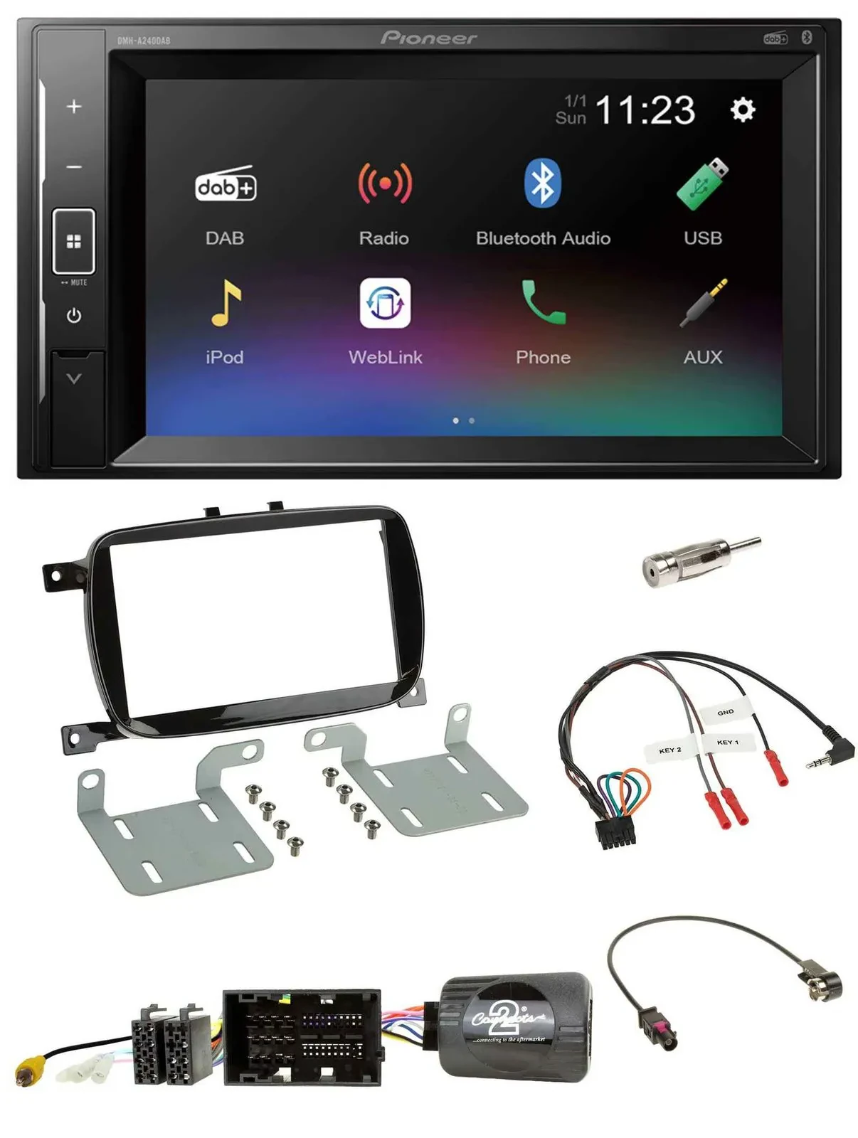 Автомагнитола для Fiat 500X Pioneer 2DIN, DAB, Bluetooth, USB, поддержка управления на руле