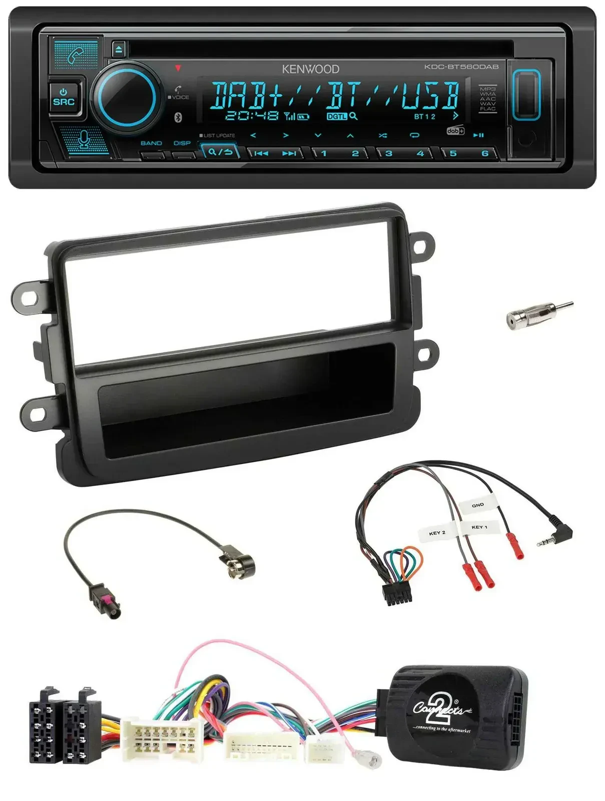 Автомагнитола Kenwood Bluetooth, DAB, CD, USB, поддержка управления с руля, для Dacia (с 2012), черная