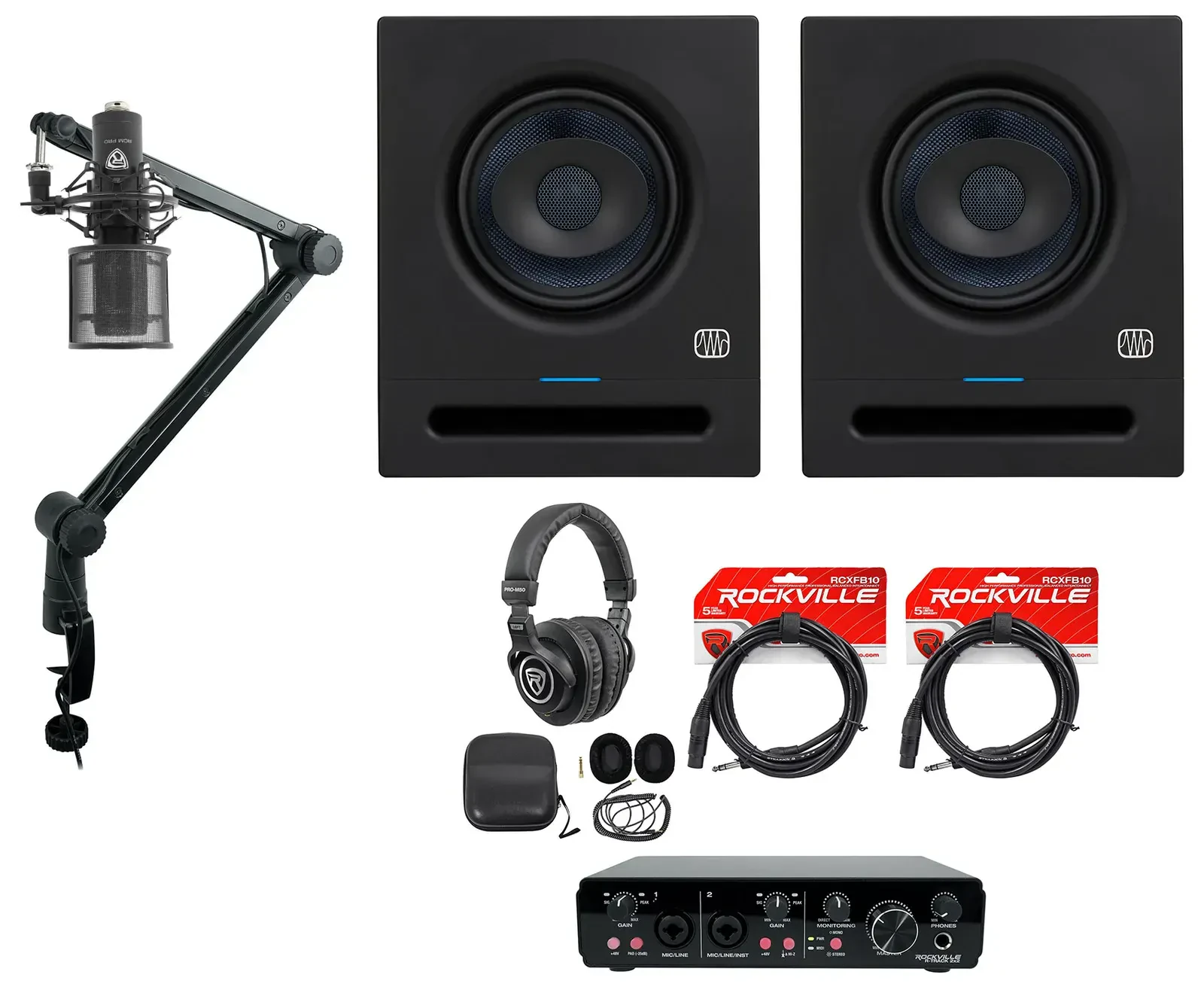 Студийные мониторы PreSonus Eris Pro 6 активные 6" (набор, пара) с аудиоинтерфейсом R-TRACK 2x2, микрофоном, наушниками и стойкой-бум