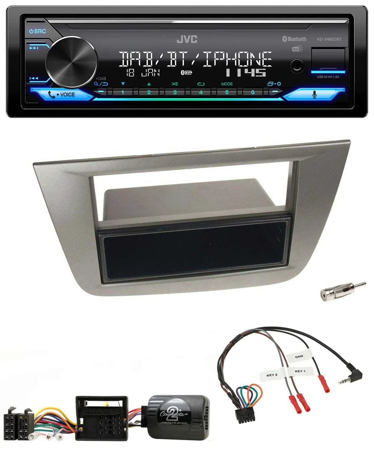 Автомагнитола JVC Bluetooth, DAB, USB, поддержка кнопок на руле, для Seat Toledo/Altea 2004–2009, антрацит