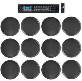 Rockville Commercial Receiver+(12) 8" 2Way Black Ceiling Speakers 4 Hotel/Office