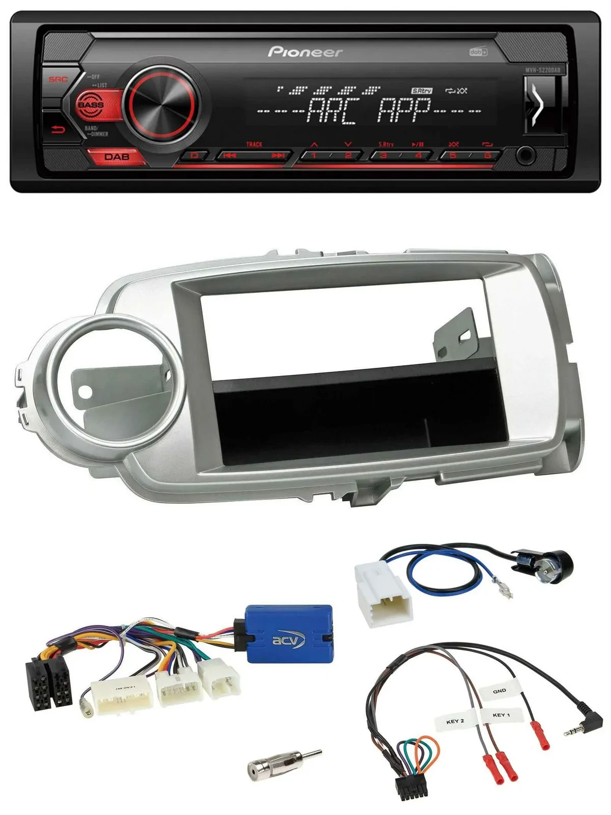Автомагнитола для Toyota Yaris (2011–2014) Pioneer 1-DIN, DAB, USB, MP3, управление с руля, серебристая