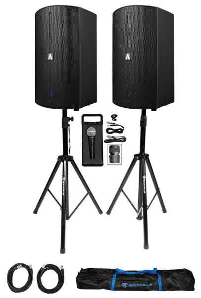 2 Avante Audio A15X 1200 Watt 15" 2-Way Powered DJ PA Speakers+Stands+Microphone
