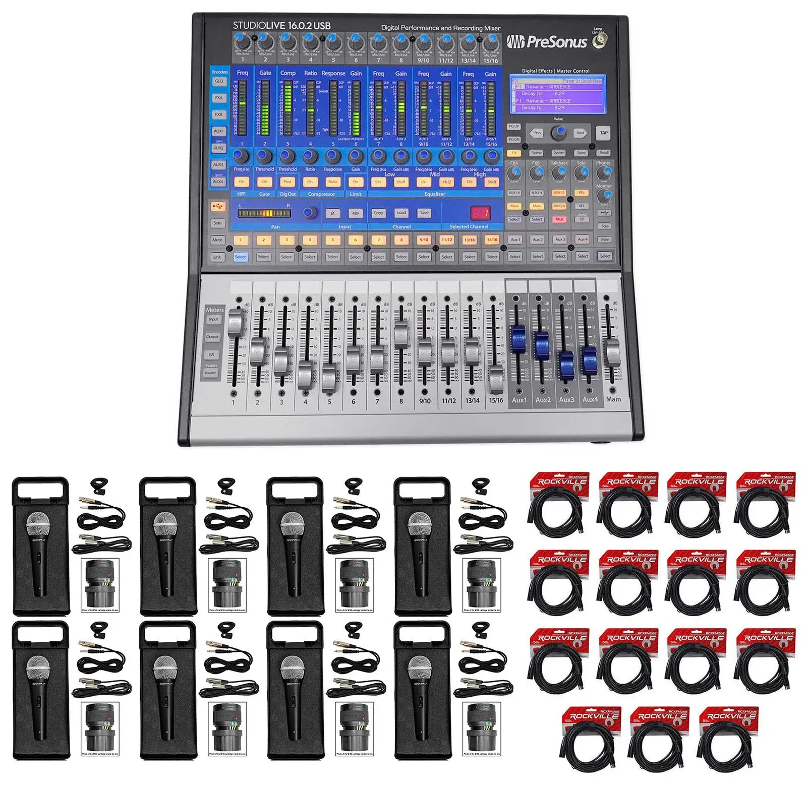Цифровой микшер PreSonus StudioLive 16.0.2 USB (набор) с 15 XLR-кабелями и 8 микрофонами