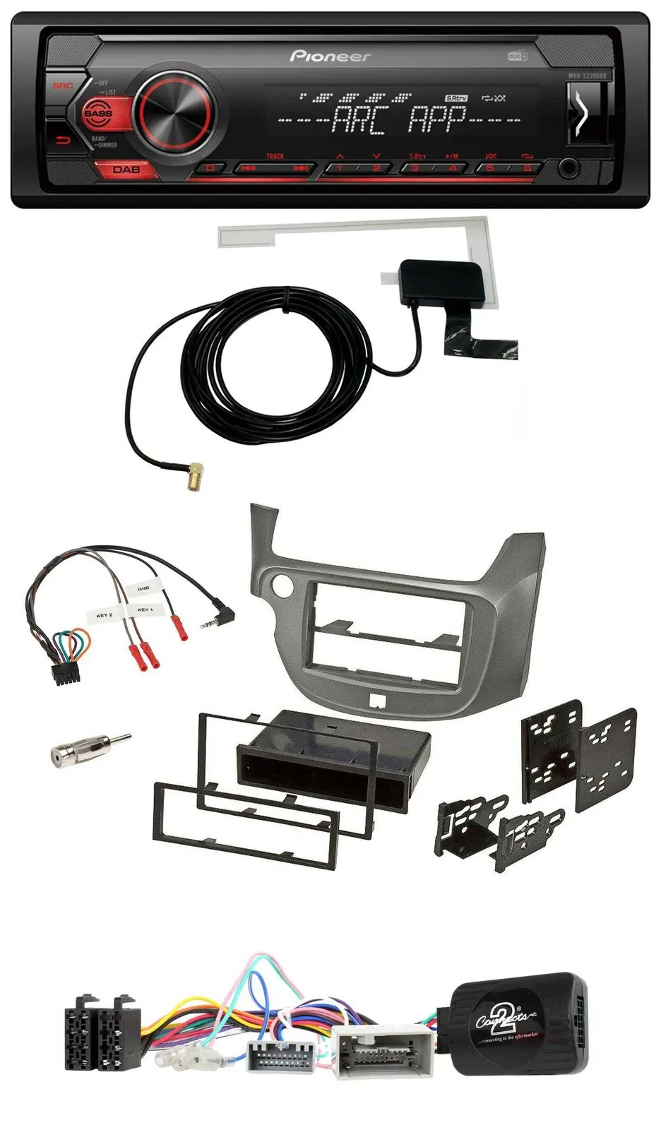 Автомагнитола для Honda Jazz (с 2014) Pioneer 1-DIN, USB, DAB, MP3, серебристая, с поддержкой кнопок на руле