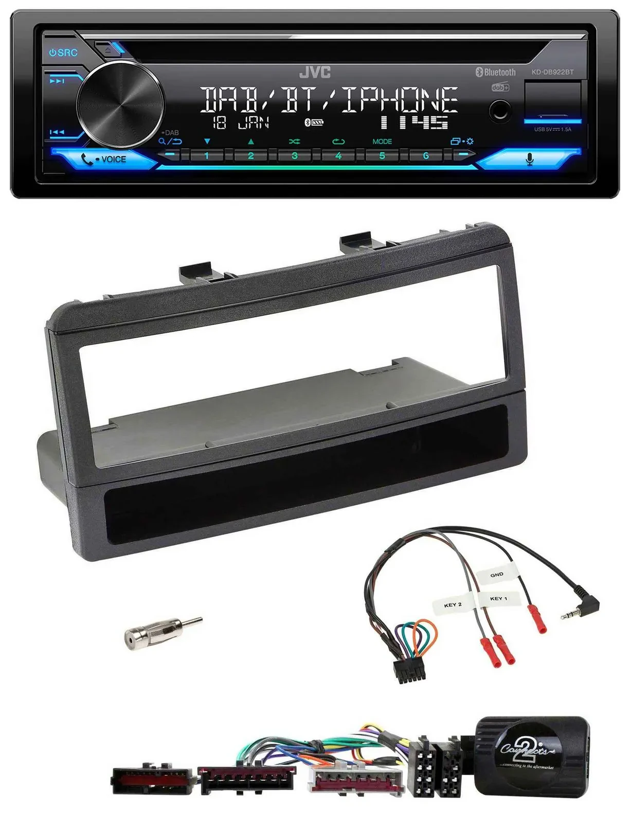 JVC Bluetooth Lenkrad USB DAB CD Autoradio für Ford Mondeo 00-02 schwarz Ablage