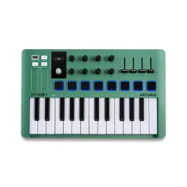MIDI клавиатура  Arturia [MiniLAB 3 Mint Edition] 25 клавиш, 8 энкодеров, 8 RGB пэдов, 8 фейдеров, дисплей, сенсорные регуляторы Pitch/Modulation, MIDI-выход, 1/4" Jack вход педали, режим Chord, арпеджиатор, USB-C