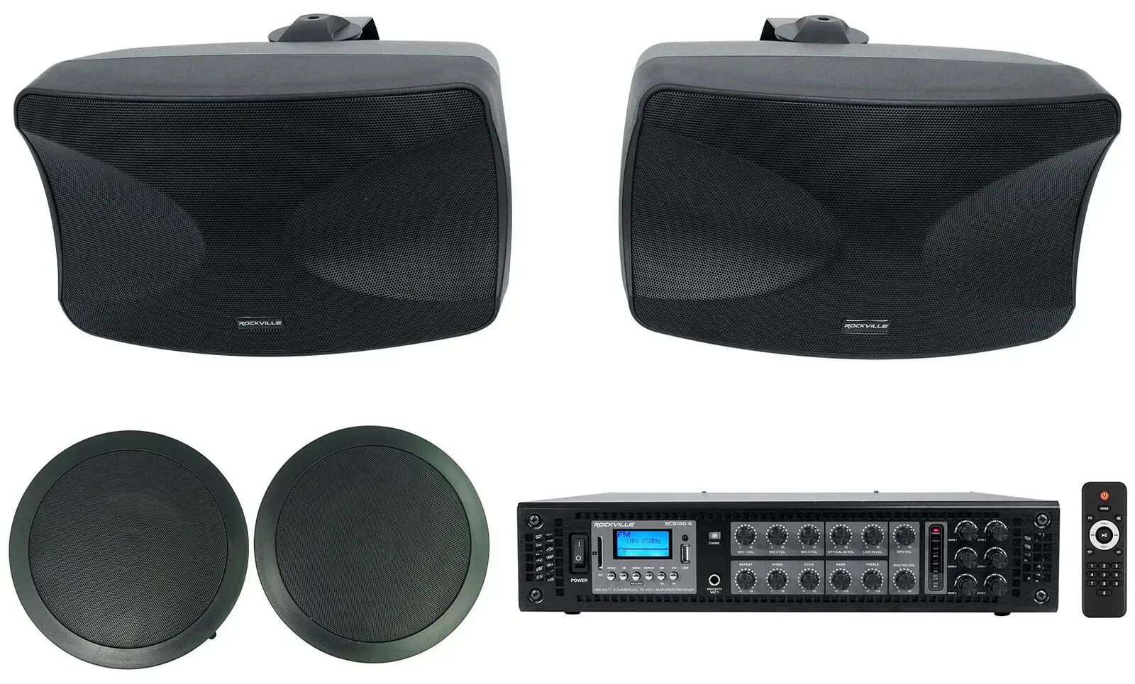 Трансляционный усилитель Rockville RCS180-6+WET-44 PRO BLACK+CC65T Black с комплектом акустики