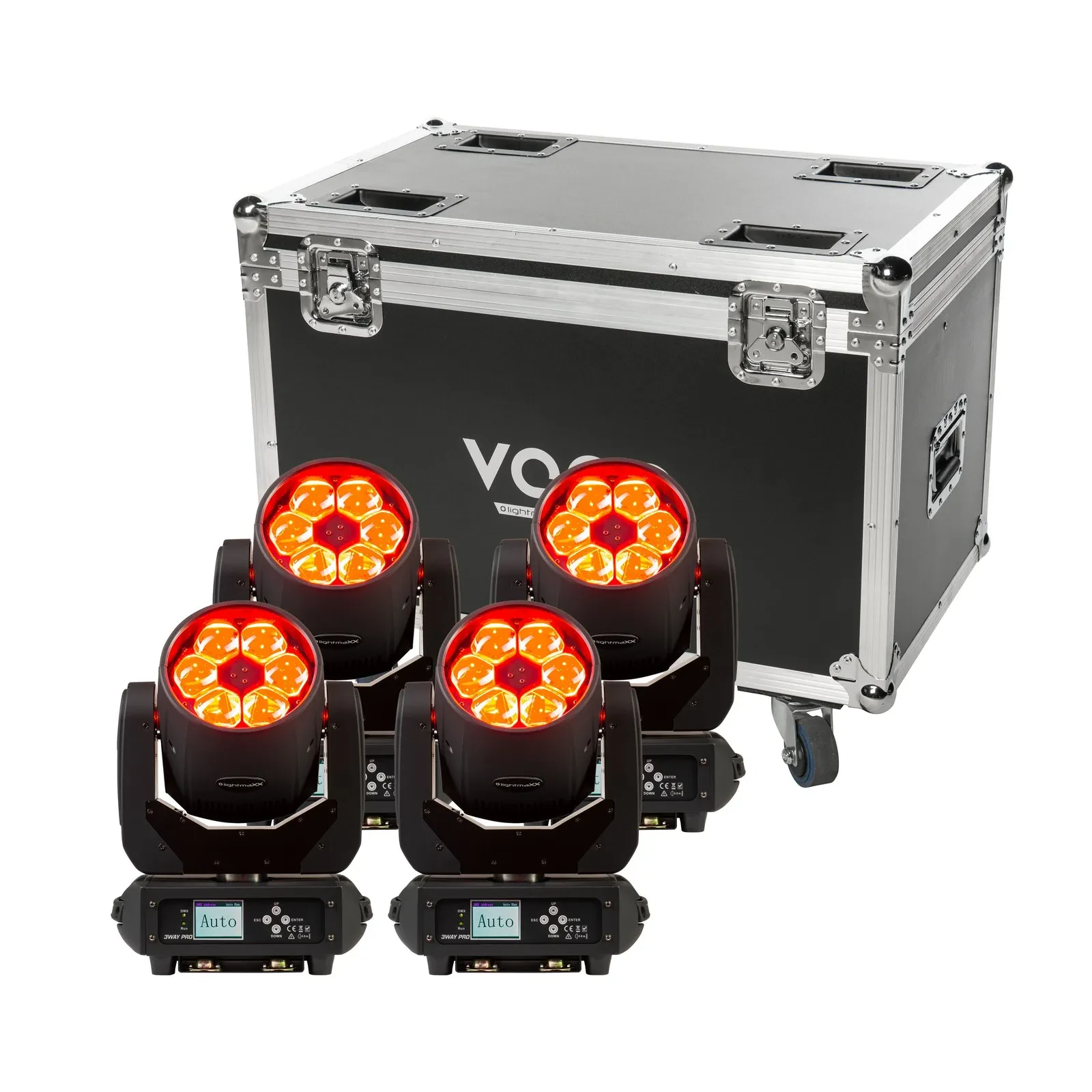 LED Moving Head 4er Set, lightmaXX VEGA PRO, 240W RGBW, 17 DMX, Zoom, Case