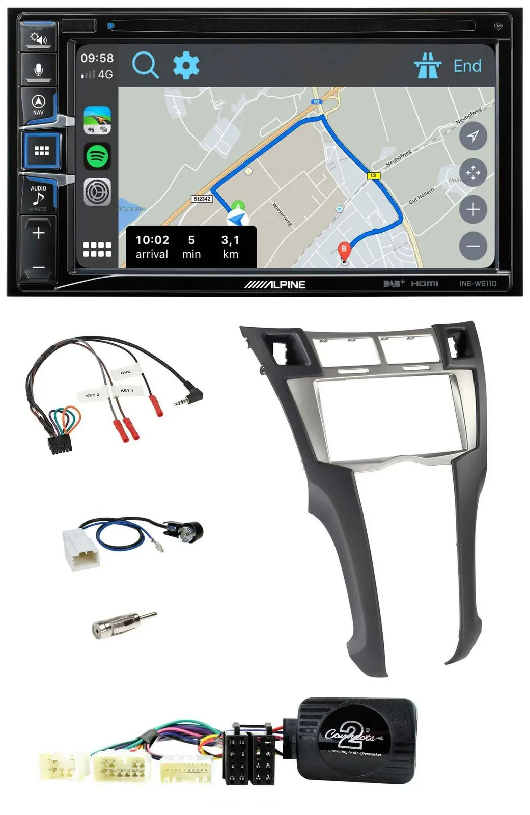 Автомагнитола с навигацией для Toyota Yaris 2006–2011 Alpine 2DIN, DAB, TMC, Bluetooth, USB, поддержка кнопок на руле