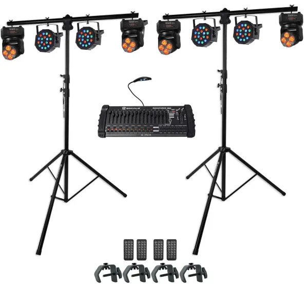 2) Rockville Tripod Stands+4) Moving Heads+4) Wash Par Can Lights+DMX Controller