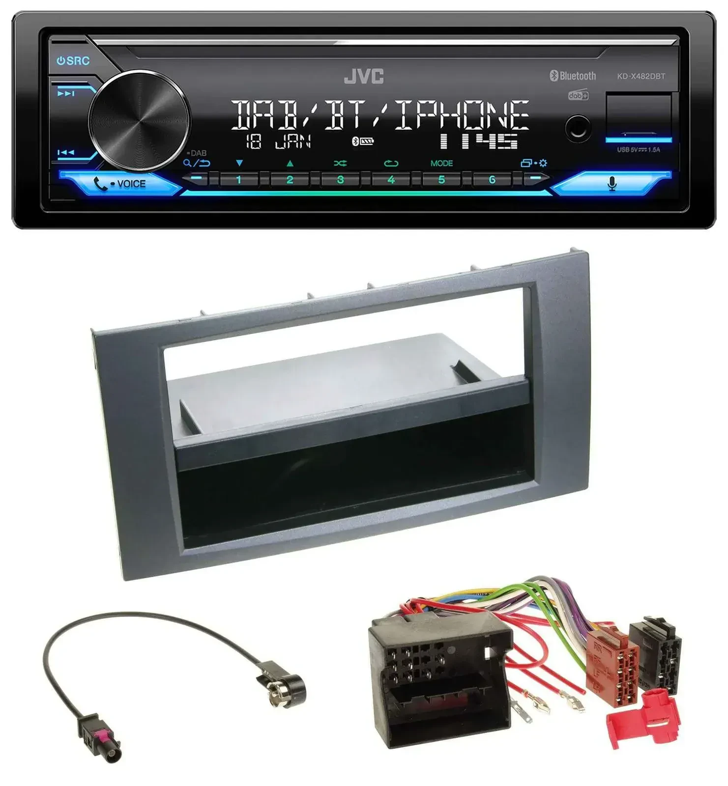 Автомагнитола JVC Bluetooth DAB USB MP3 для Ford Fiesta/Focus (2004–2008), антрацит