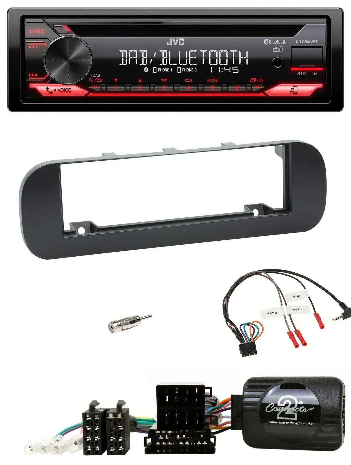 JVC CD DAB USB Bluetooth Lenkrad Autoradio für Fiat Panda 2012-2020 schwarz