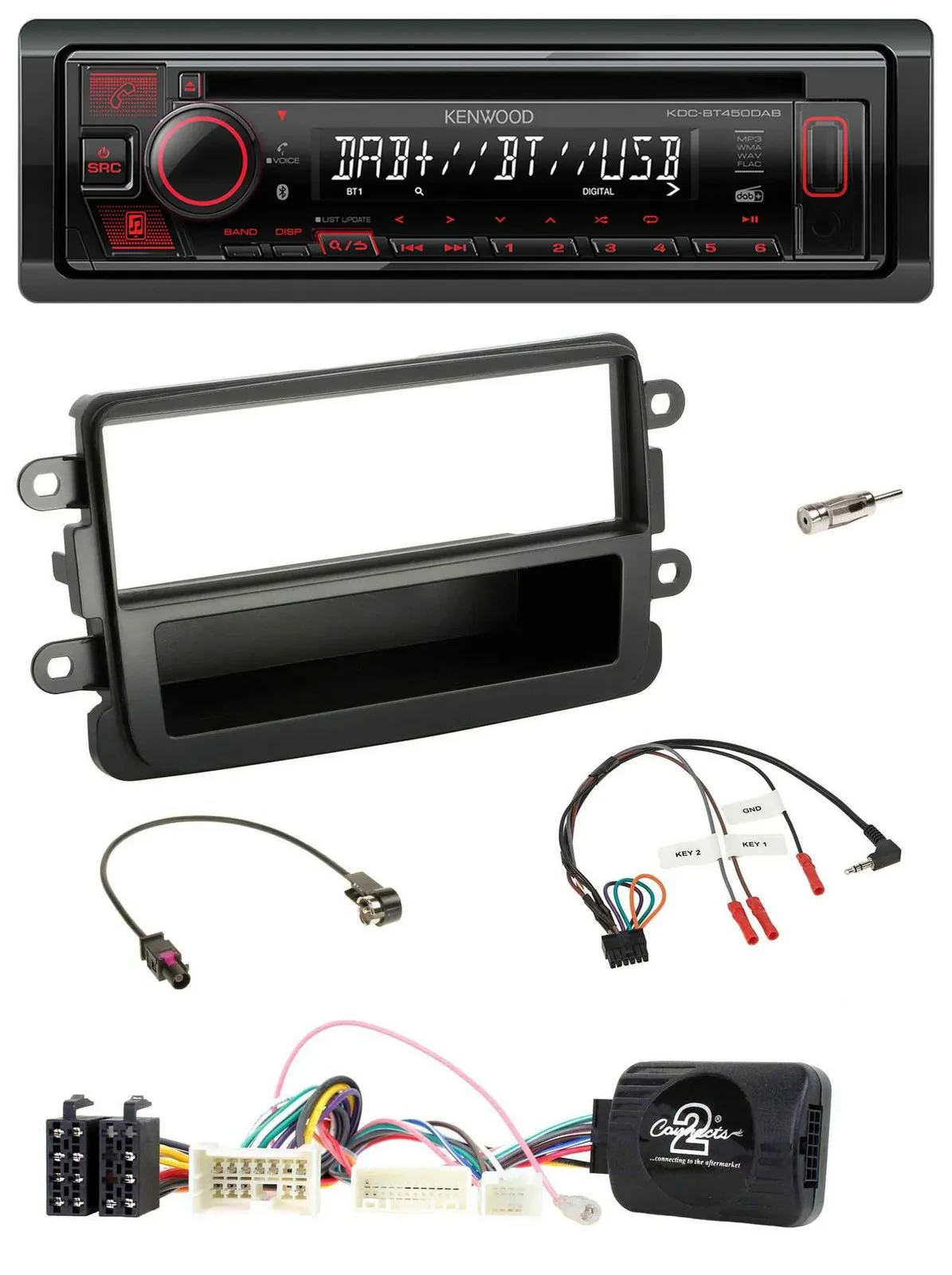 Kenwood Lenkrad CD USB Bluetooth DAB Autoradio für Dacia ab 2012 schwarz
