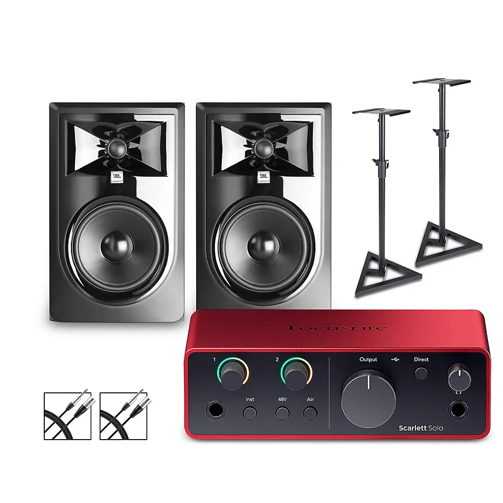 Focusrite Scarlett Solo Gen 4 JBL 3 Series Studio Monitors/Stands/Cables 306MKII