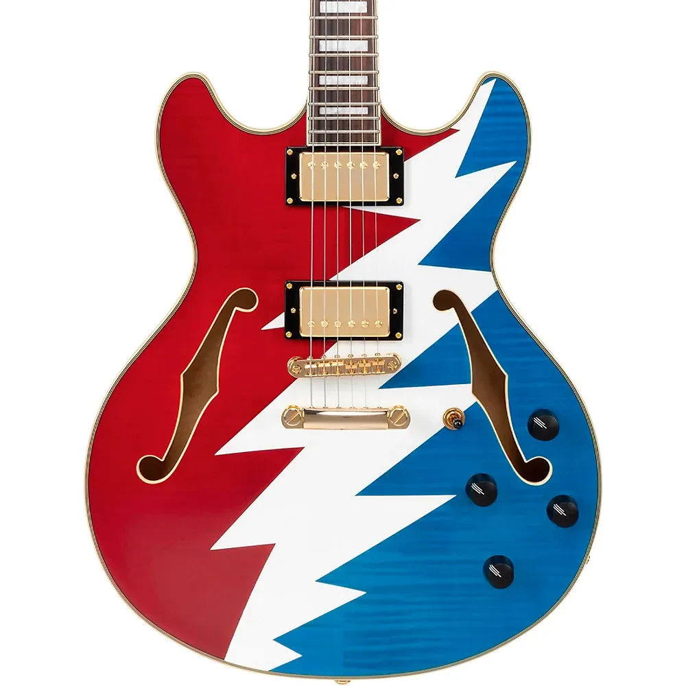 Электрогитара полуакустическая D'Angelico Premier Grateful Dead DC SH, semi-hollow, H-H, 25", Red/White/Blue Lightning Bolt, 6-струнная, правосторонняя