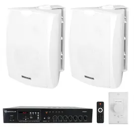 Rockville Commercial Restaurant Amp+2) White 5.25" Wall Speakers+Wall Controller