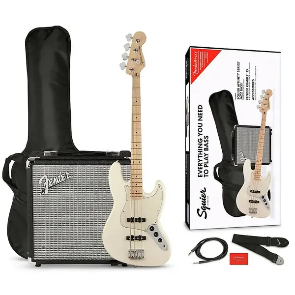 Squier Affinity Jazz Bass LE Pack w/Rumble 15W Bass Combo Amp Olympic White