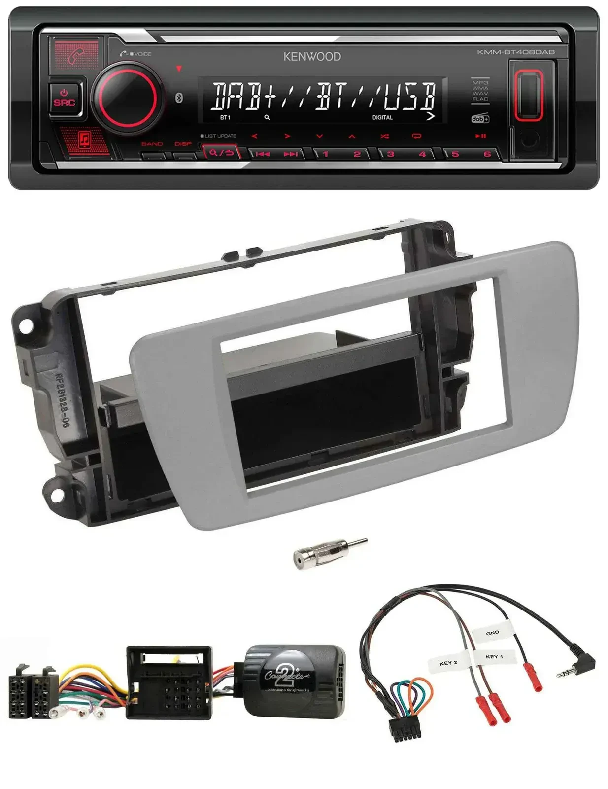 Автомагнитола для Seat Ibiza Kenwood Bluetooth, USB, DAB, совместима с управлением на руле, серый