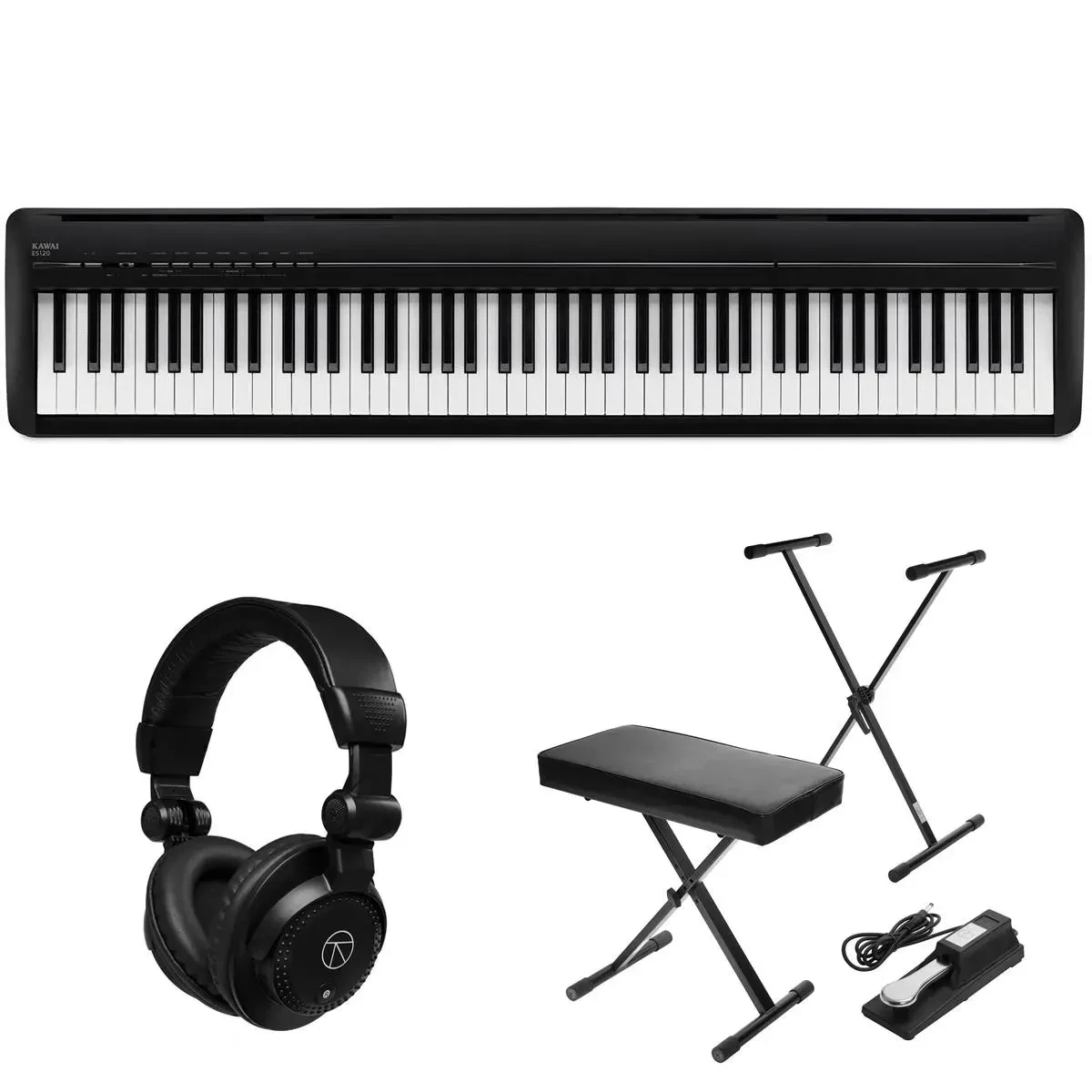 Kawai ES120 88-Key Portable Digital Piano, Stylish Black with Headphones, Stand,